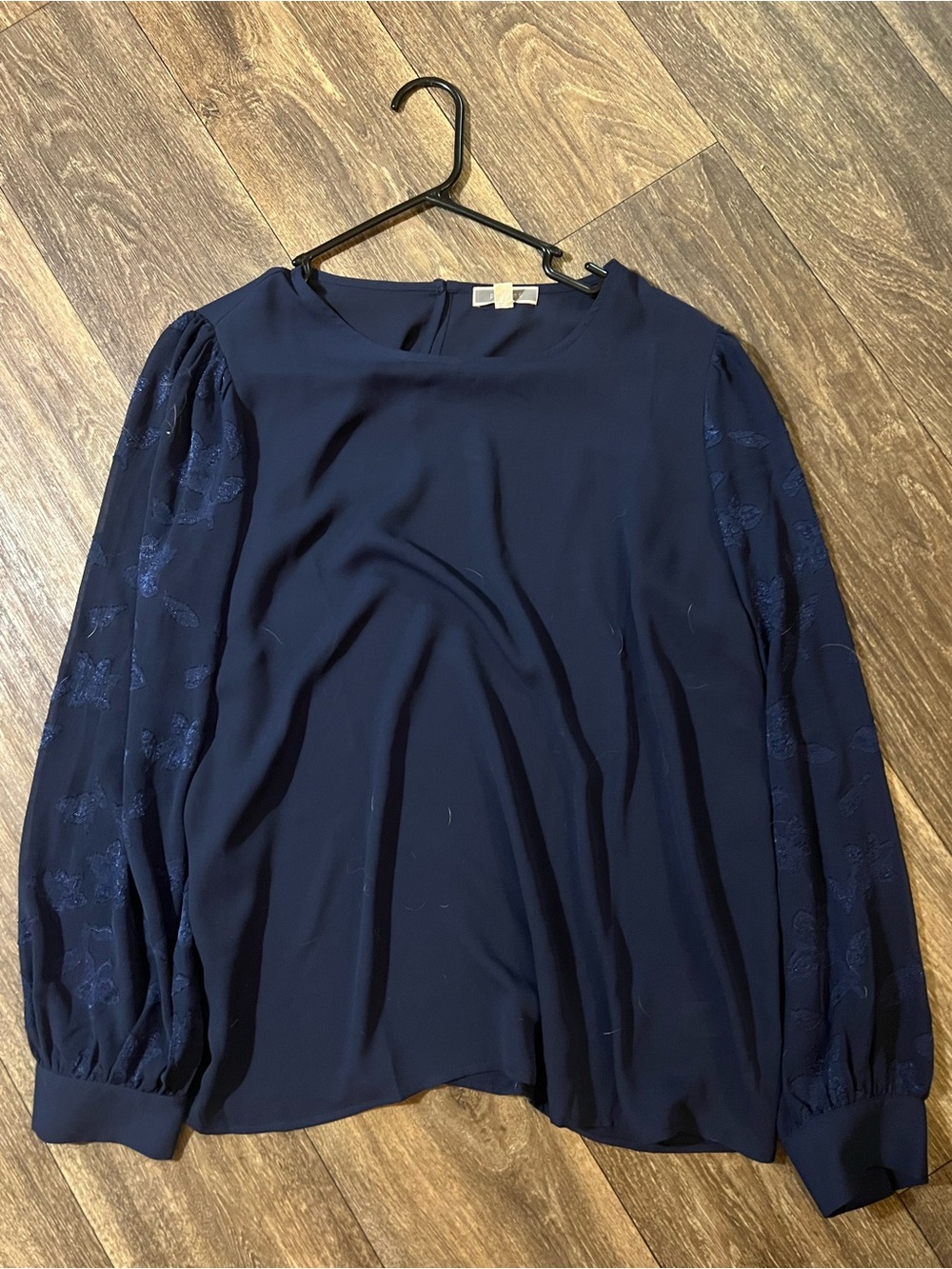Women's Navy Long-Sleeve Blouse with Textured Sleeves